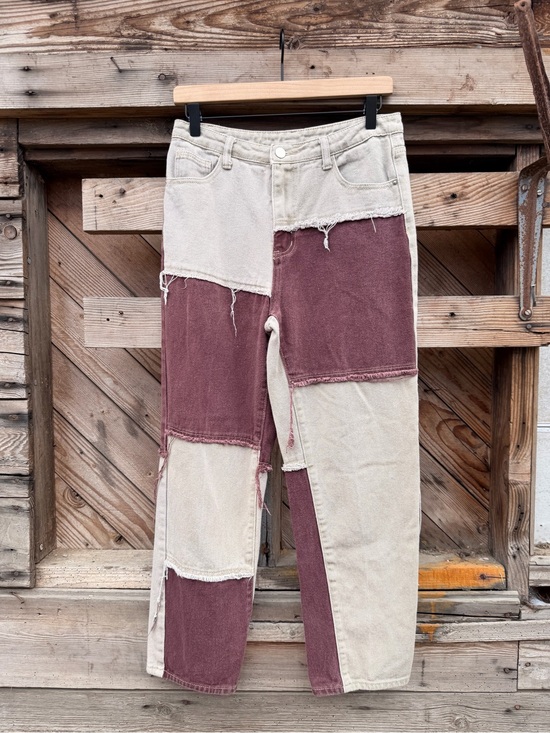 Denim - Patchwork Two-Tone Beige and Burgundy Women’s Jeans
